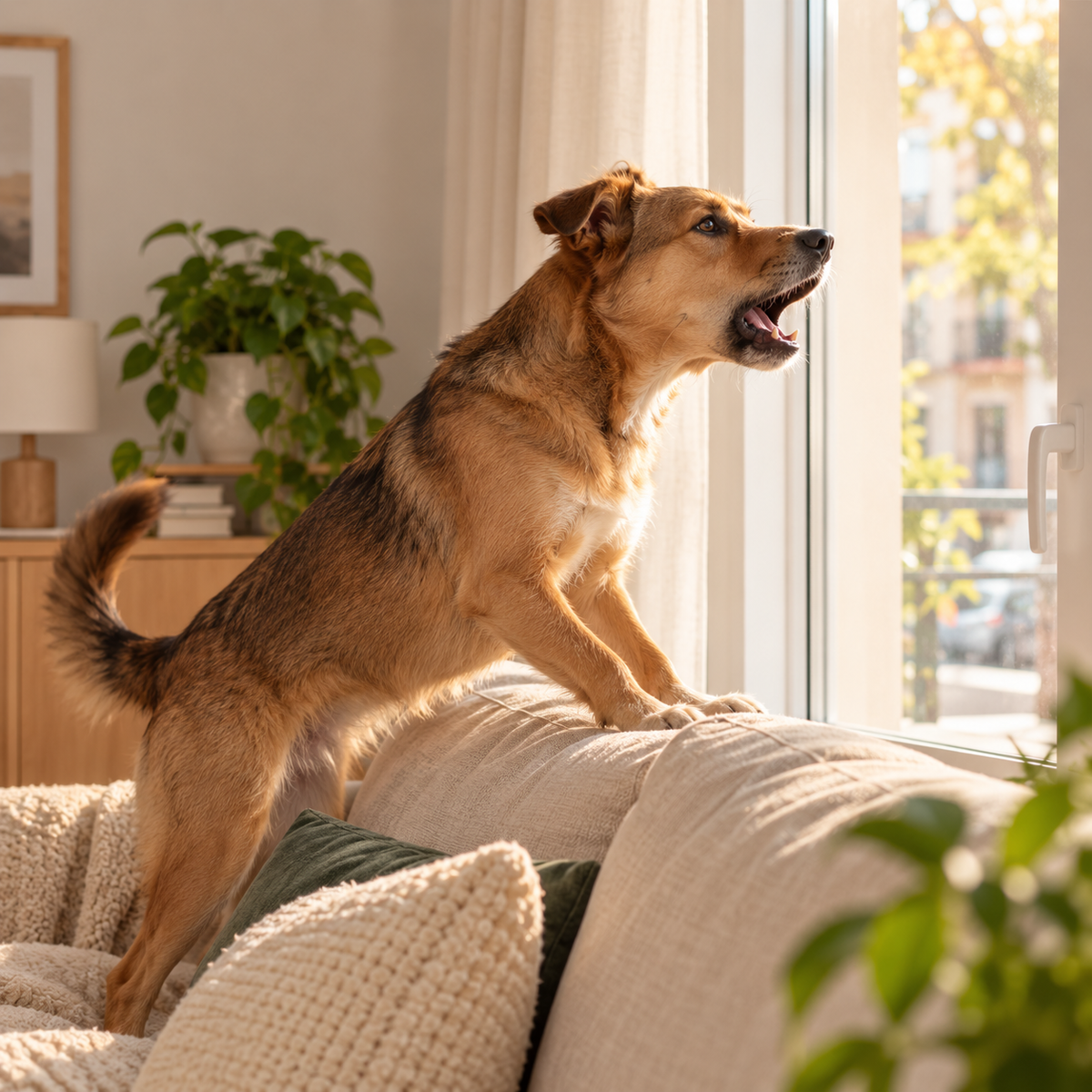 Perro ladrando junto a la ventana del salón
